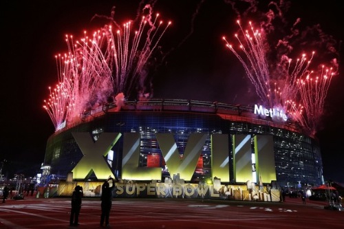 Fireworks over MetLife Stadium before Super Bowl XLVII. (AP photo/Seth Wenig)